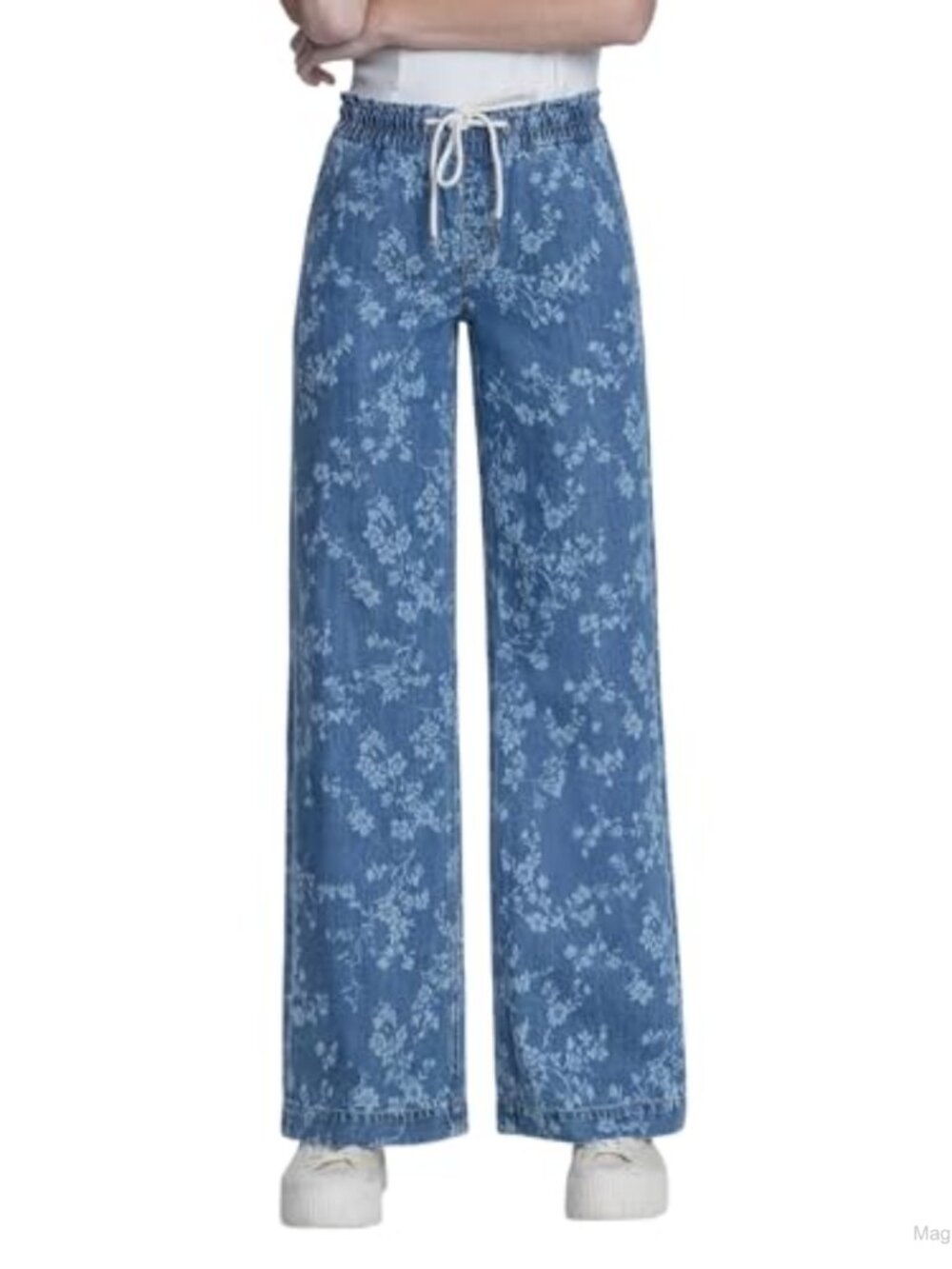 High Rise Baggy Wide Leg Jeans Elastic Waist Drawstring Cotton Blend